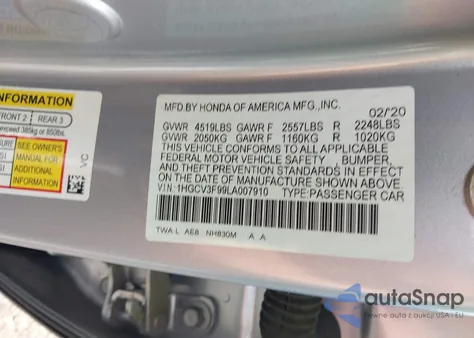 2020 Honda Accord Touring Hybrid z USA, uszkodzony, nr VIN 1HGCV3F99LA007910